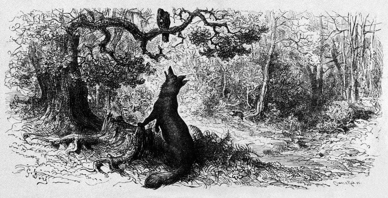 De raaf en de vos (gravure) door Gustave Dore