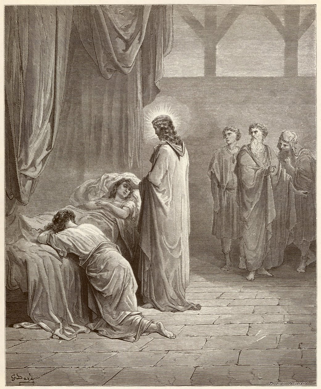 Wonder: Jezus Christus genas de dochter van Jaire (Jairus of Jairos). Gravure uit de Bijbel geïllustreerd door Gustave Dore (1832-1883) door Gustave Dore