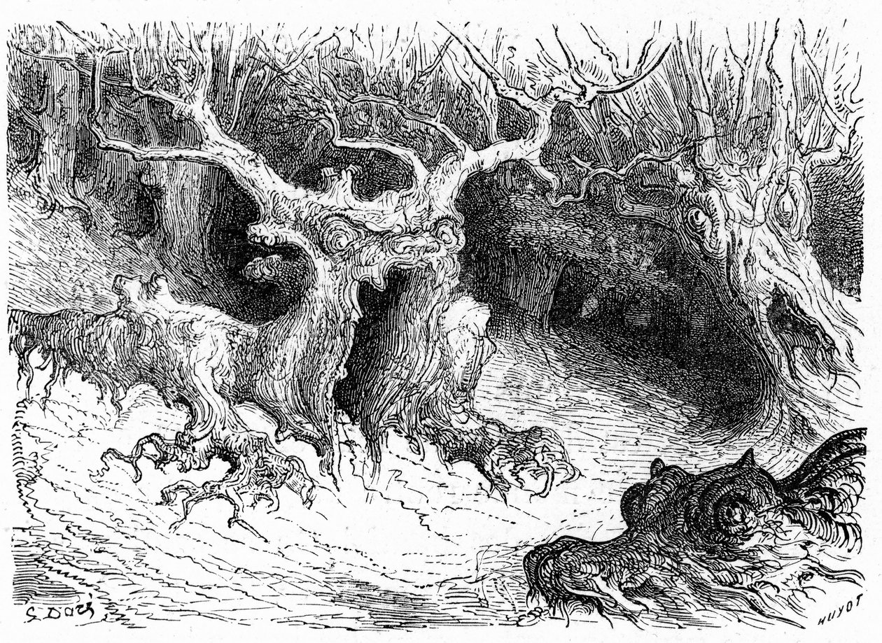 Monsterachtige beuk in de Ossau-vallei, antropomorfe monsterbomen. Gravure door Gustave Doré ter illustratie van het boek 