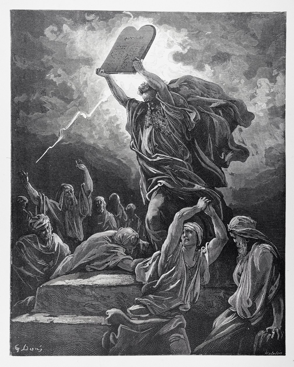 Mozes breekt de tafelen van de wet, gegraveerd door Hotelin, ca. 1868 door Gustave Dore