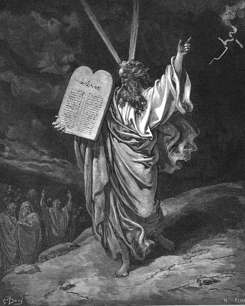 Mozes daalt af van de berg Sinaï met de stenen tafelen (Tien Geboden). Exodus 5.35. Illustratie door Gustave Doré voor De Bijbel (Londen 1866). Houtsnede. door Gustave Dore