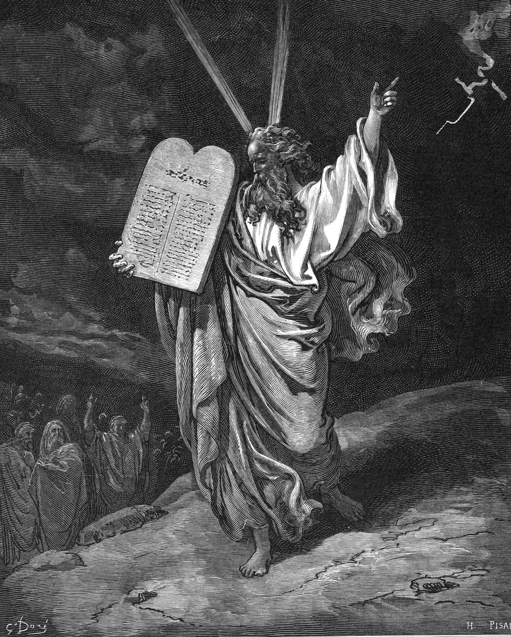 Mozes daalt af van de berg Sinaï met de tafelen van de wet (Tien Geboden), 1866 door Gustave Dore