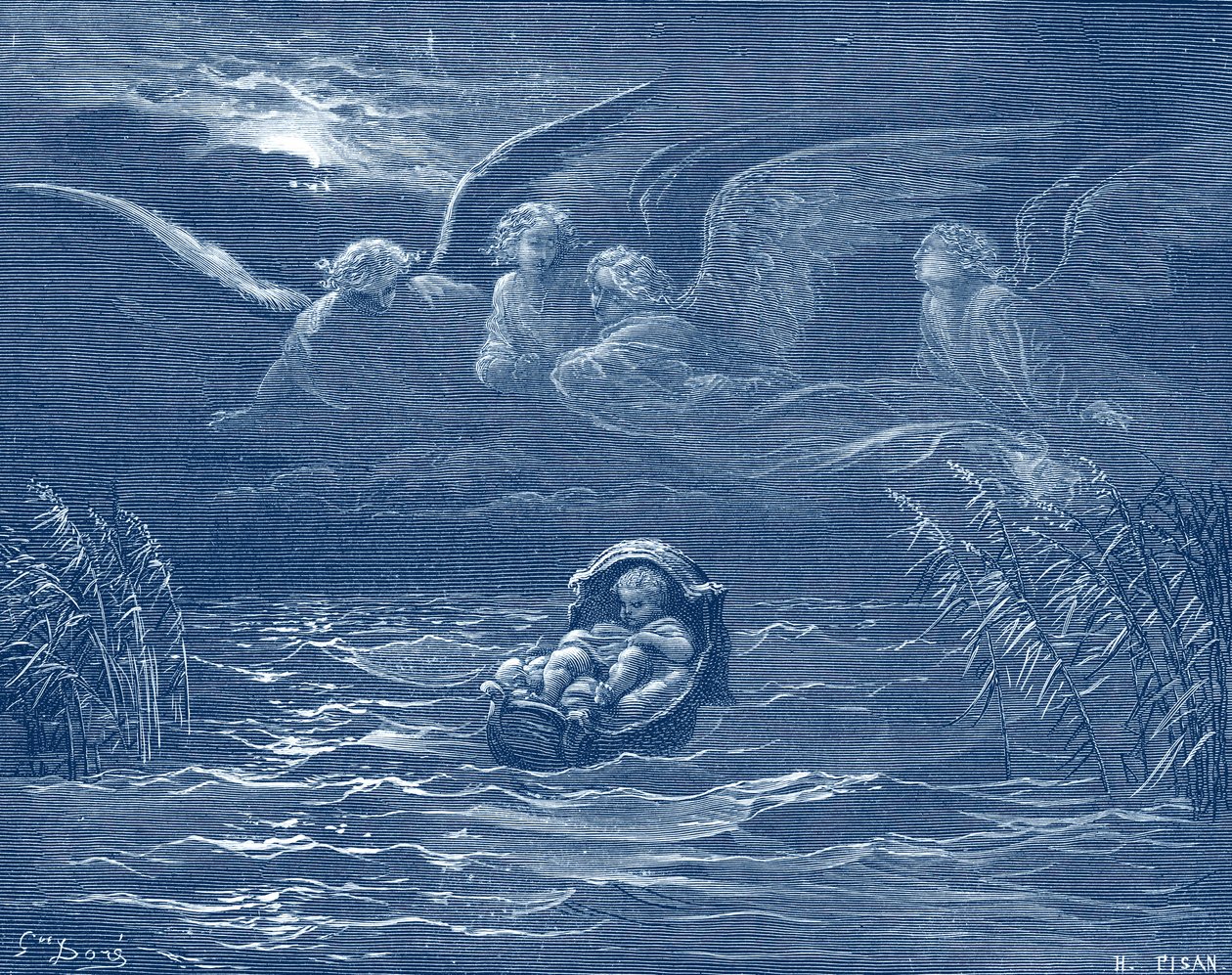 Mozes op de rivier de Nijl, gravure door Doré - Bijbel door Gustave Dore
