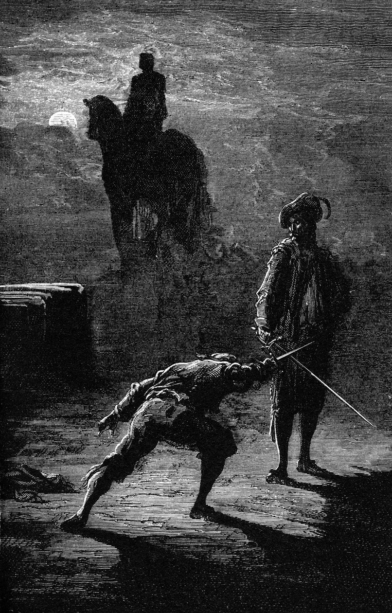 Nachtduel in het maanlicht tussen Baron de Sigognac en Jacquemin Lampourde, onder het ruiterstandbeeld van de Bronzen Koning. Gravure door Gustave Doré ter illustratie van Théophile Gautier