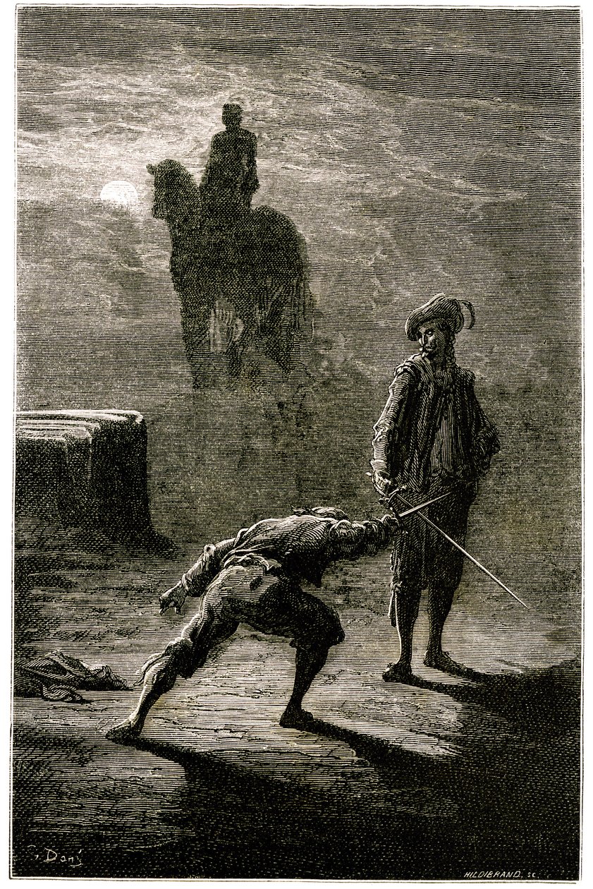 Nachtduel in het maanlicht tussen Baron de Sigognac en Jacquemin Lampourde, onder het ruiterstandbeeld van de Bronzen Koning. Gravure door Gustave Doré ter illustratie van Théophile Gautier