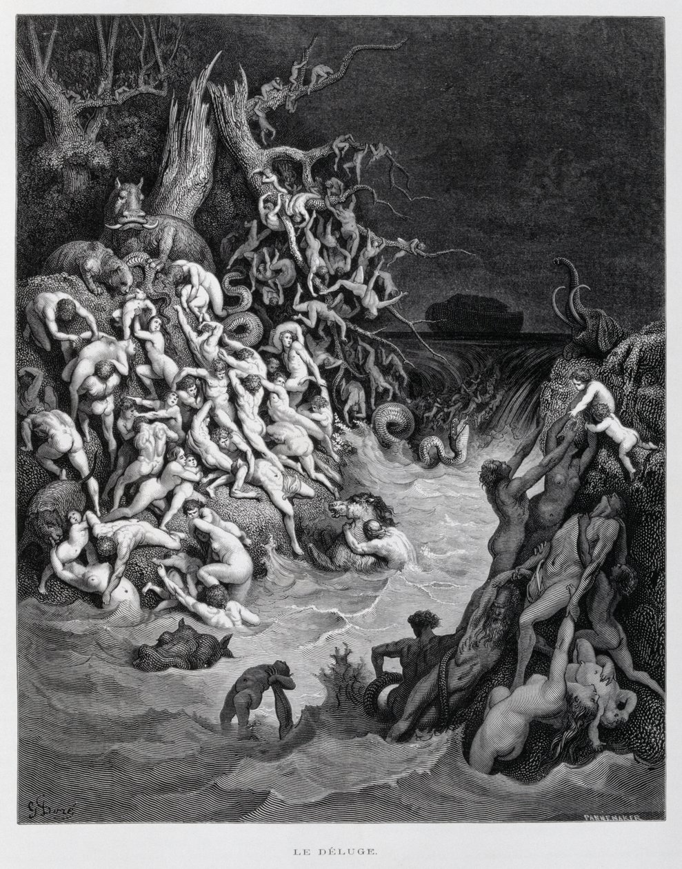 Noach en zijn ark ontsnappen terwijl de grote vloed de aarde overspoelt, Illustratie uit de Dore Bijbel door Gustave Dore