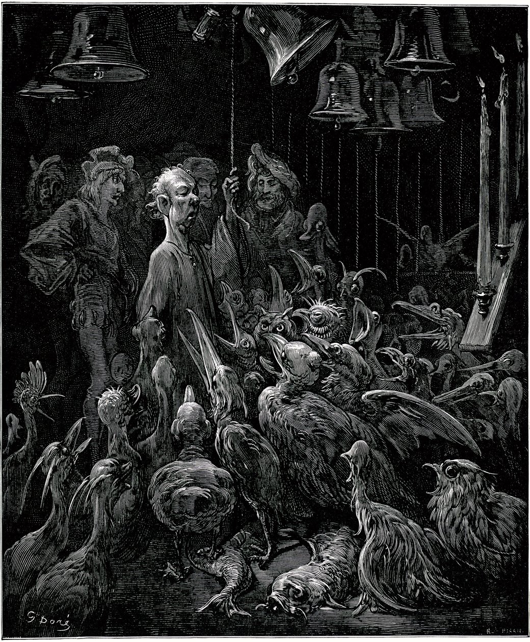 Auf der Insel Sonnante lässt Panurge die Vögel durch das Läuten der Glocken singen - Illustration von Gustave Doré für die vollständigen Werke von François Rabelais - Fünftes Buch - Pantagruel von Gustave Dore