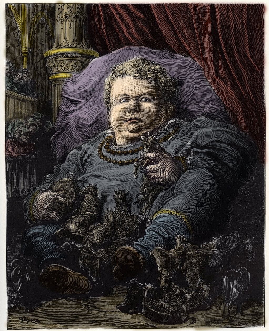 Pantagruel, Sohn von Gargantua, wird mit der Milch von 4600 Kühen ernährt - Illustration aus 