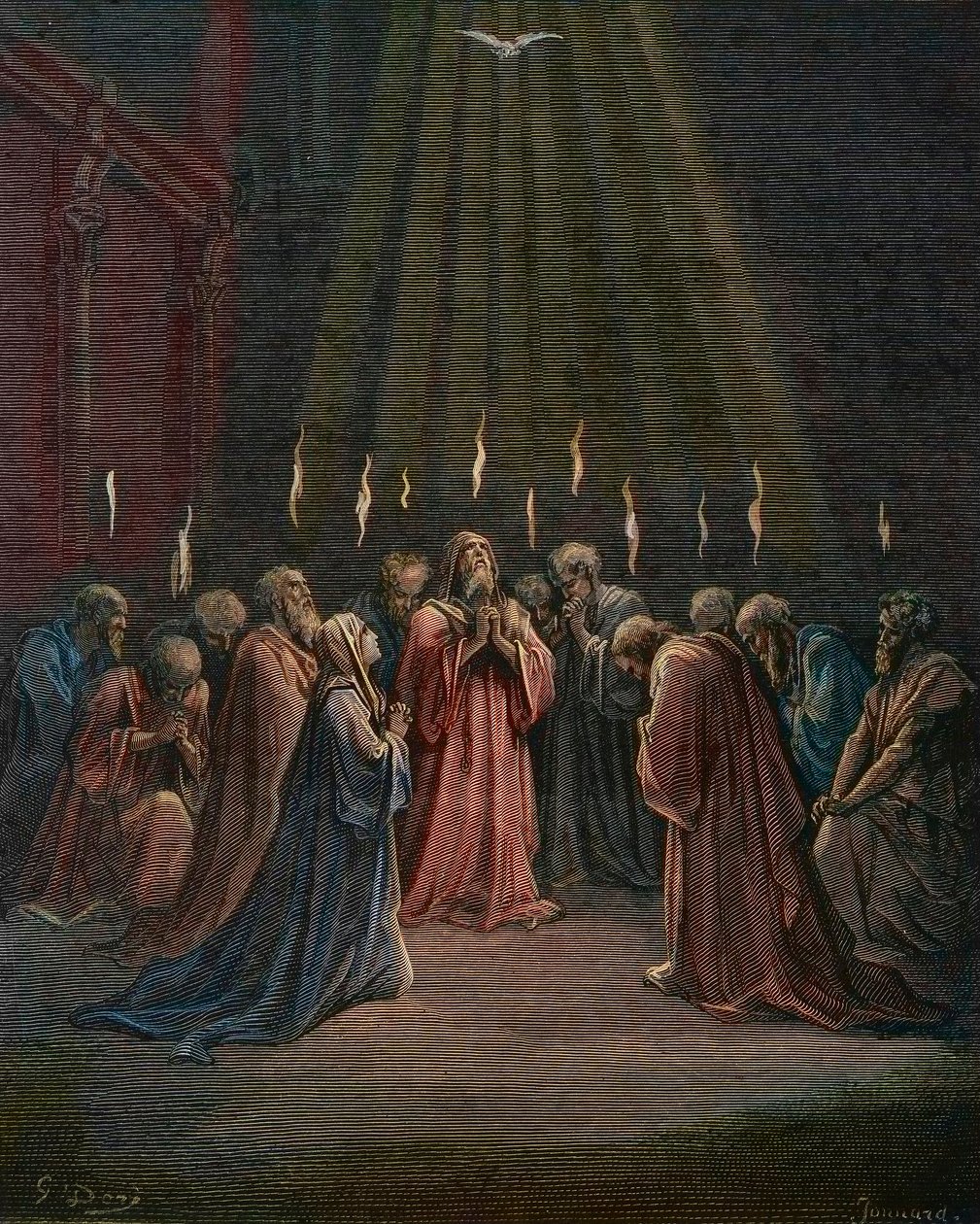 Pinksteren - Pinksteren (komst van de Heilige Geest) - Pinksteren, de nederdaling van de Heilige Geest, gravure door Gustave Dore - later ingekleurd door Gustave Dore