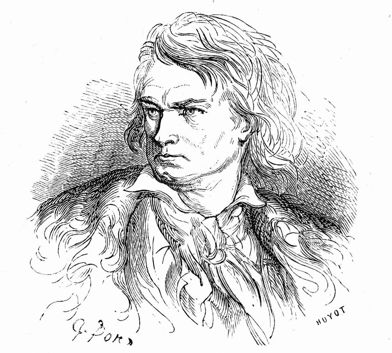 Portret van Beethoven door Gustave Dore, circa 1855, ter illustratie van een tekst van Hippolyte Taine: “-Wat is Beethoven? “Een arme grote man, doof, verliefd, miskend en filosoof, wiens muziek vol gigantische of pijnlijke dromen is.” door Gustave Dore