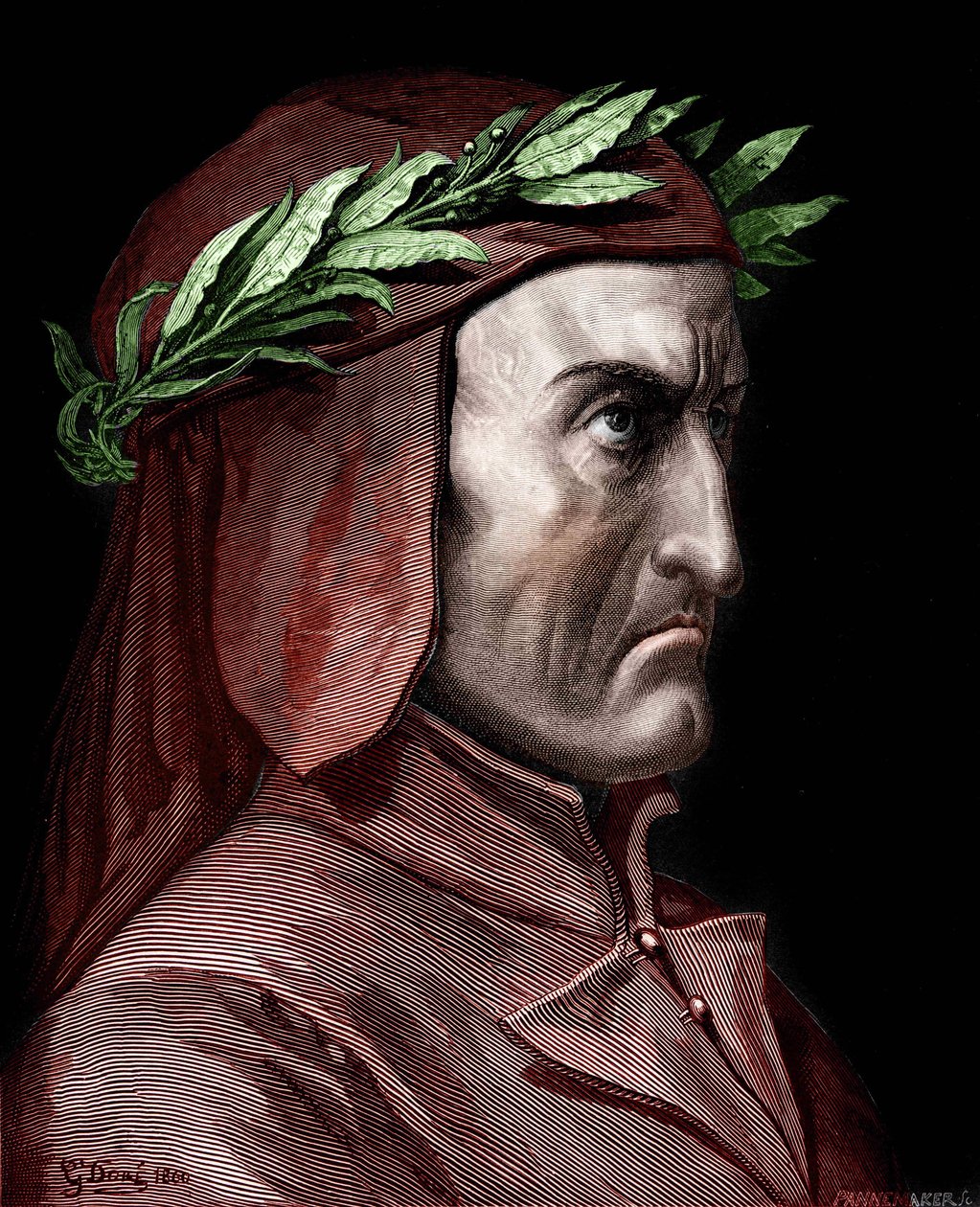 Portret van Dante Alighieri (1265-1321), Italiaanse schrijver. Gravure door Gustave Doré uit 1860 door Gustave Dore