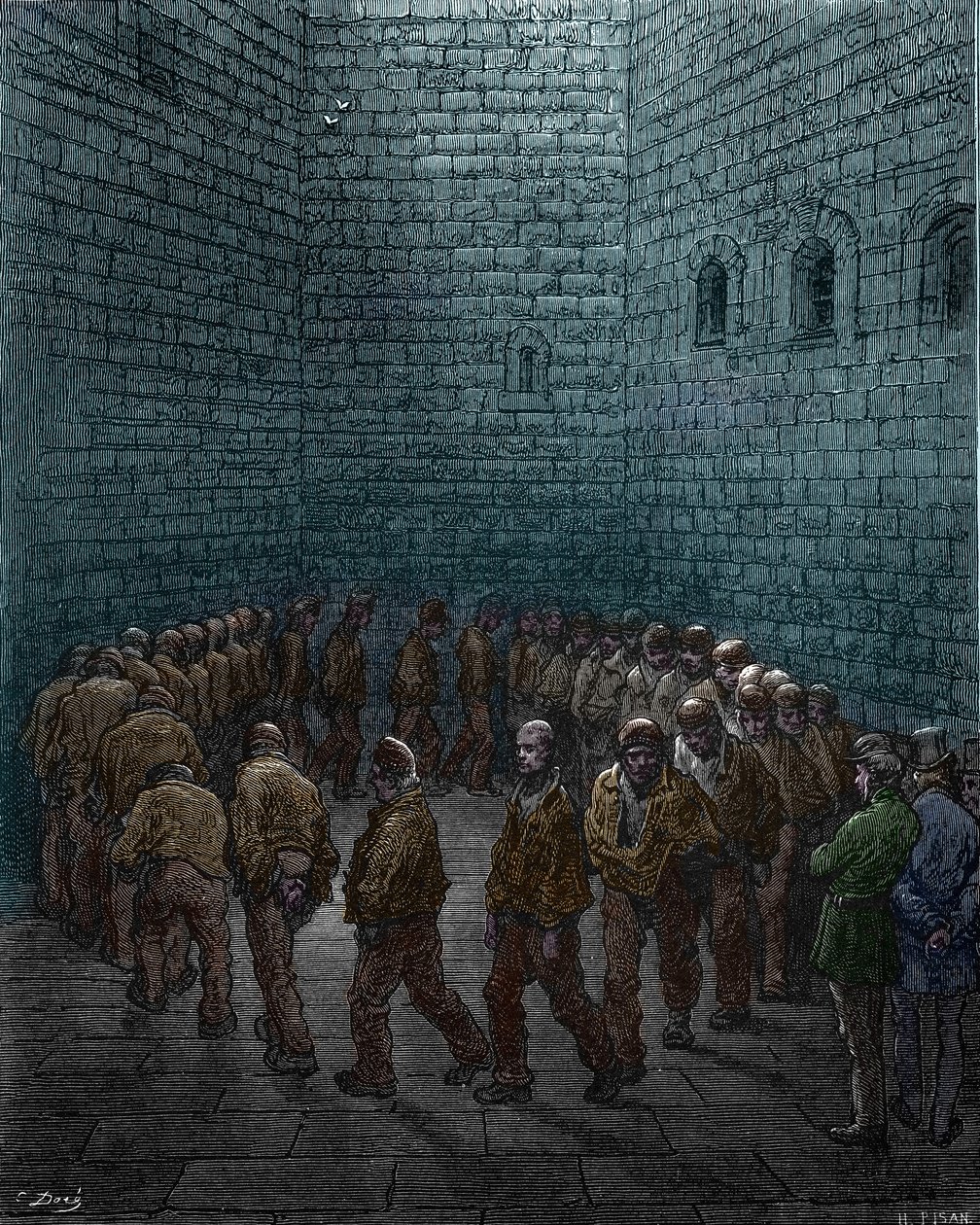 Gevangenen die de ronde doen op de binnenplaats van de Westgate-gevangenis in Londen, door Gustave Dore door Gustave Dore