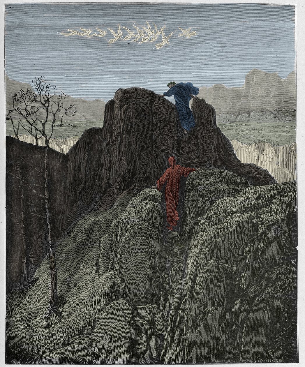 Purgatorio, Canto 4: Virgil leidt Dante de ruige berghelling op, illustratie uit "De Goddelijke Komedie" door Dante Alighieri, 1885 door Gustave Dore