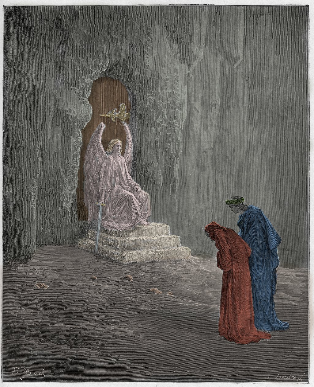Purgatorio, Canto 9: Dante en Virgil bij de poorten van het vagevuur, illustratie uit "De Goddelijke Komedie" door Dante Alighieri, 1885 door Gustave Dore