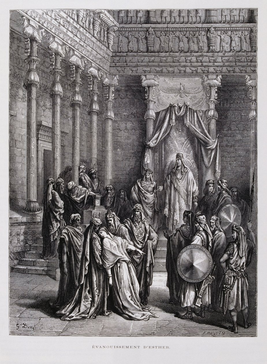 Koningin Esther valt flauw voor de koning, Illustratie uit de Dore Bijbel door Gustave Dore