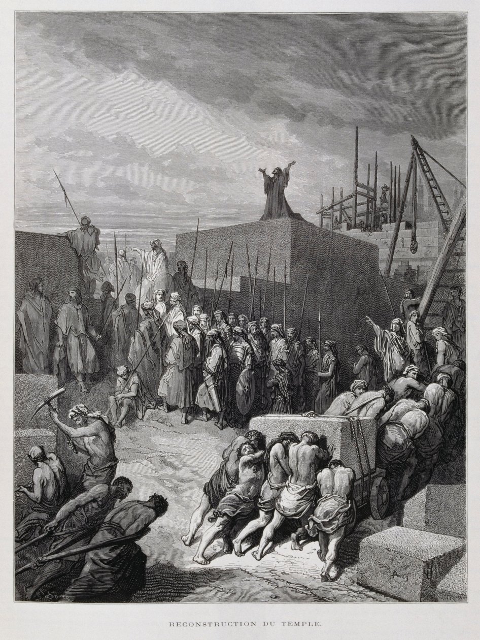 Herbouw van de Tempel in Jeruzalem, Illustratie uit de Dore Bijbel door Gustave Dore