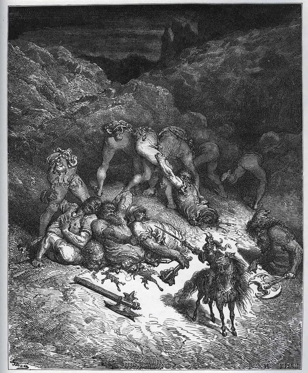 Verhaal van de heldendaden van Felix-Mars van Hyrcania - uit "Don Quichot de la Mancha" door Miguel Cervantes (1547-1616) - Houtsnede naar tekening van Gustave Dore door Gustave Dore