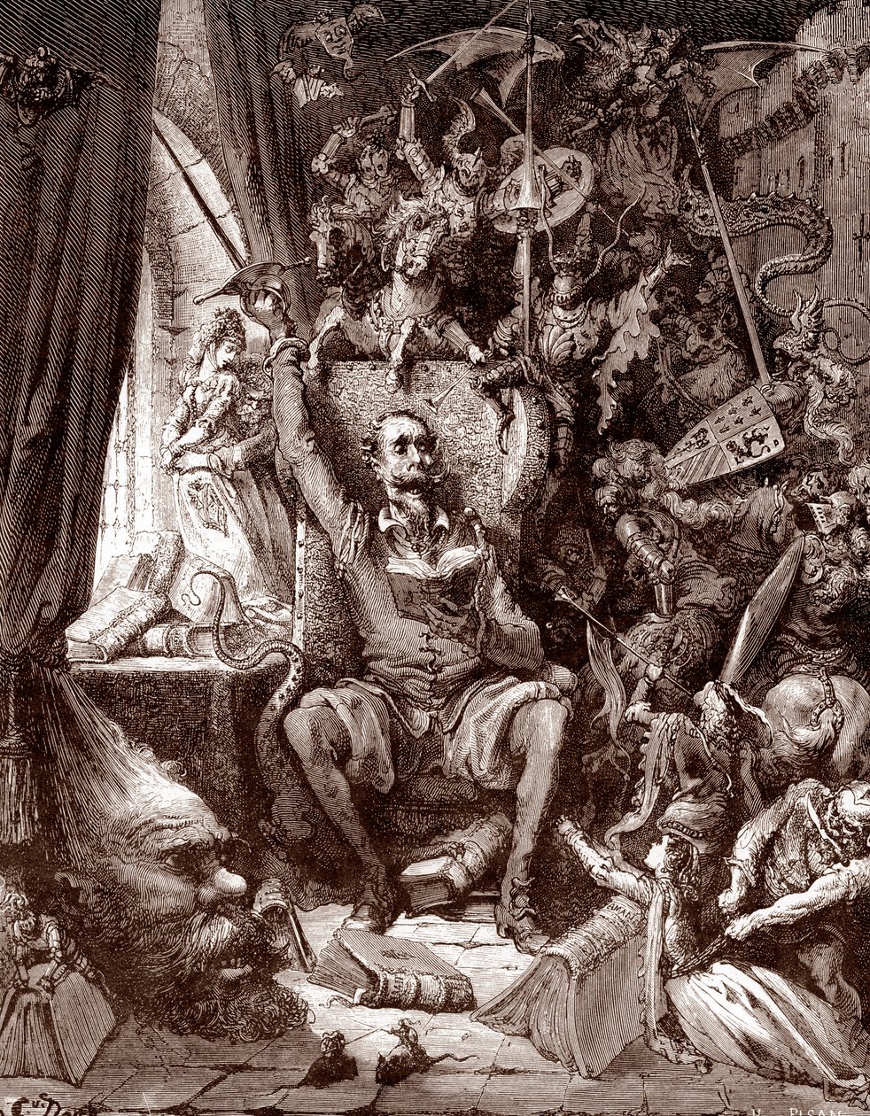 Voorstelling van Don Quichot in zijn bibliotheek omringd door de wezens uit zijn boeken, gravure door Gustave Doré (1832-1883) voor L