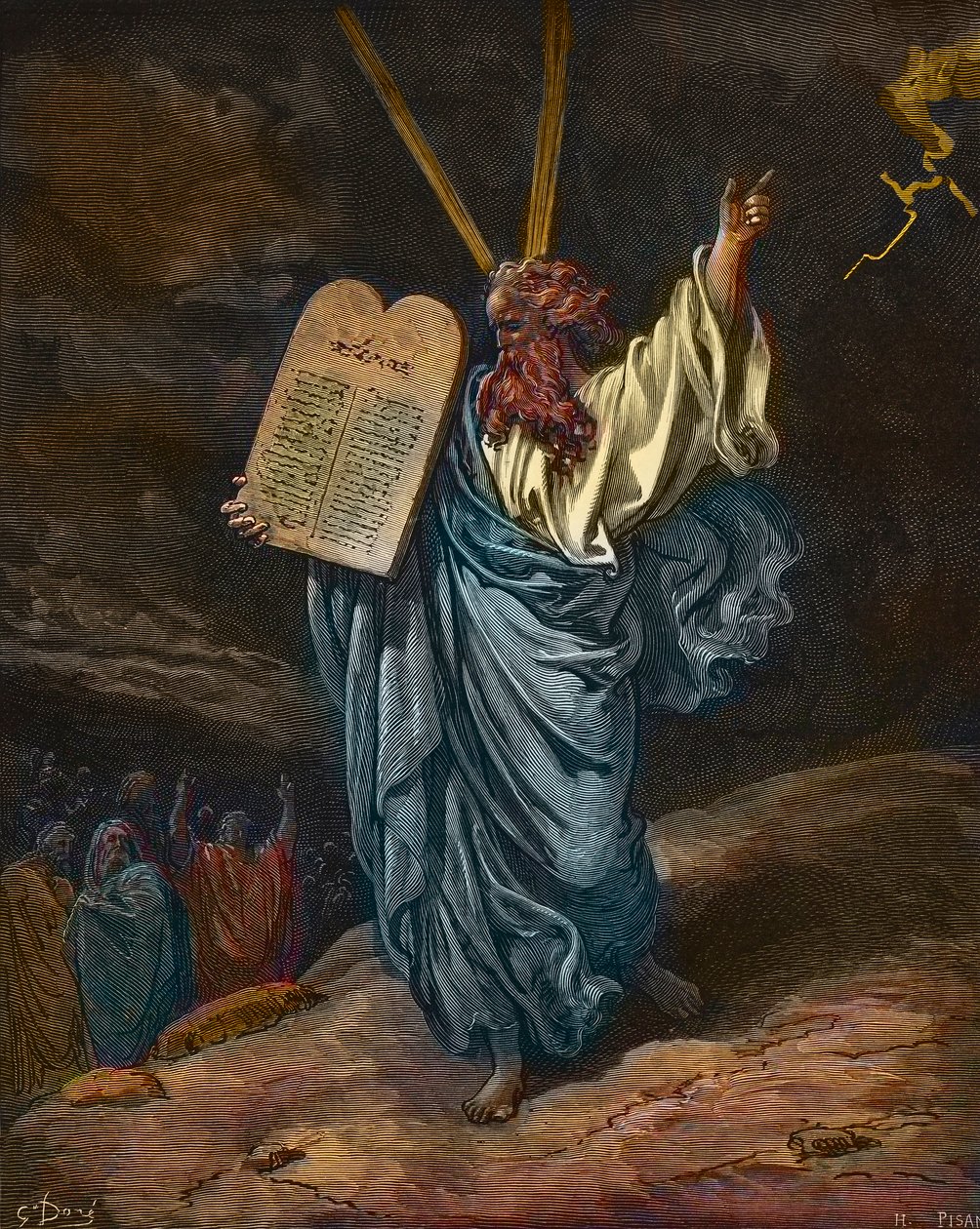 Voorstelling van Mozes met de nieuwe tafelen van de wet op de berg Sinaï - gravure door Gustave Doré (1832-1883) - latere inkleuring door Gustave Dore