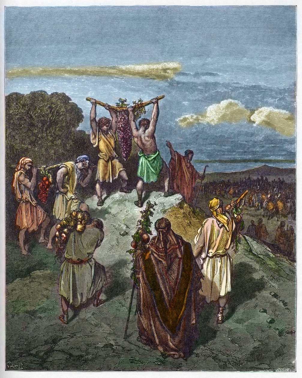 Terugkeer uit het land Kanaän - De terugkeer van Jozua en Kaleb met een enorme druiventros uit het land Kanaän (Beloofde Land) - gravure in De geïllustreerde Bijbel door Gustave Doré (1832-1883) - Gravure uit De Doré Bijbel door Gustave Dore