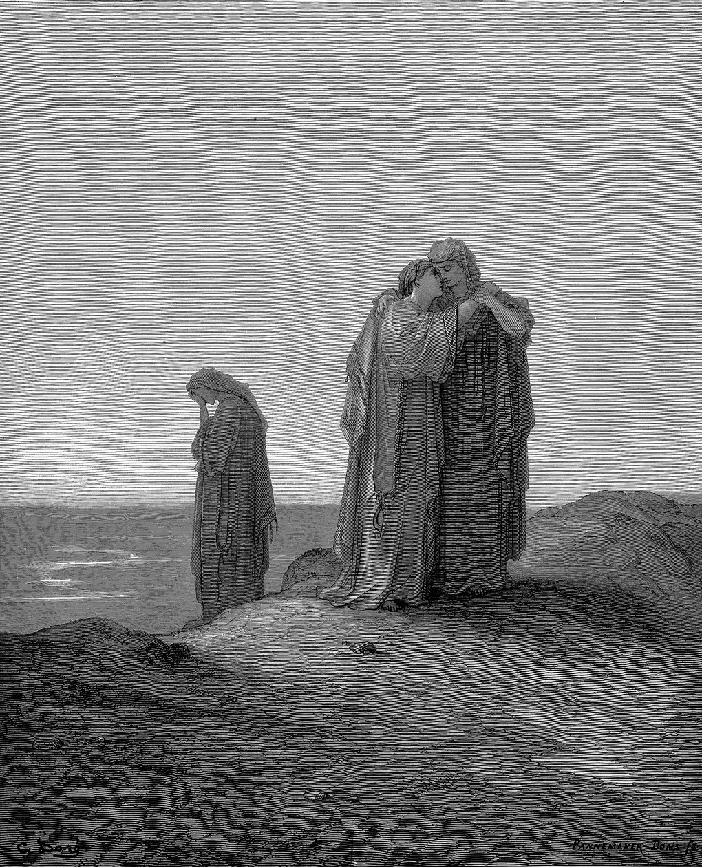 Ruth omhelst haar schoonmoeder Naomi en belooft bij haar te blijven nu ze rouwenden zijn, 1866 door Gustave Dore