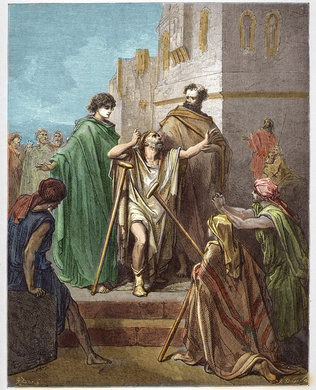 Sint Petrus en Sint Johannes genezen een lamme - gravure in 