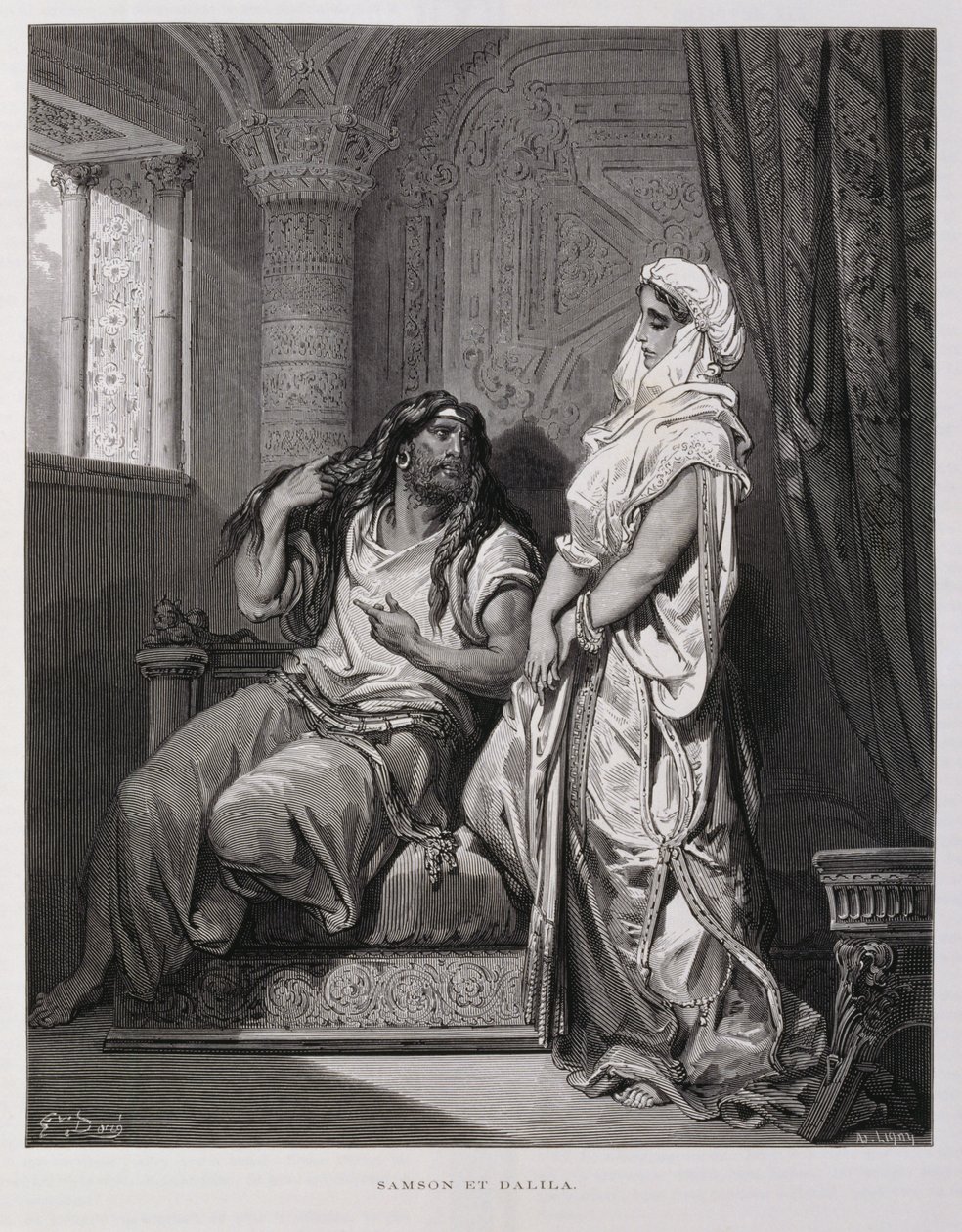 Simson en Delila, Hoofdstuk 16, uit het Boek van Rechters, in het Oude Testament, Illustratie uit de Dore Bijbel door Gustave Dore