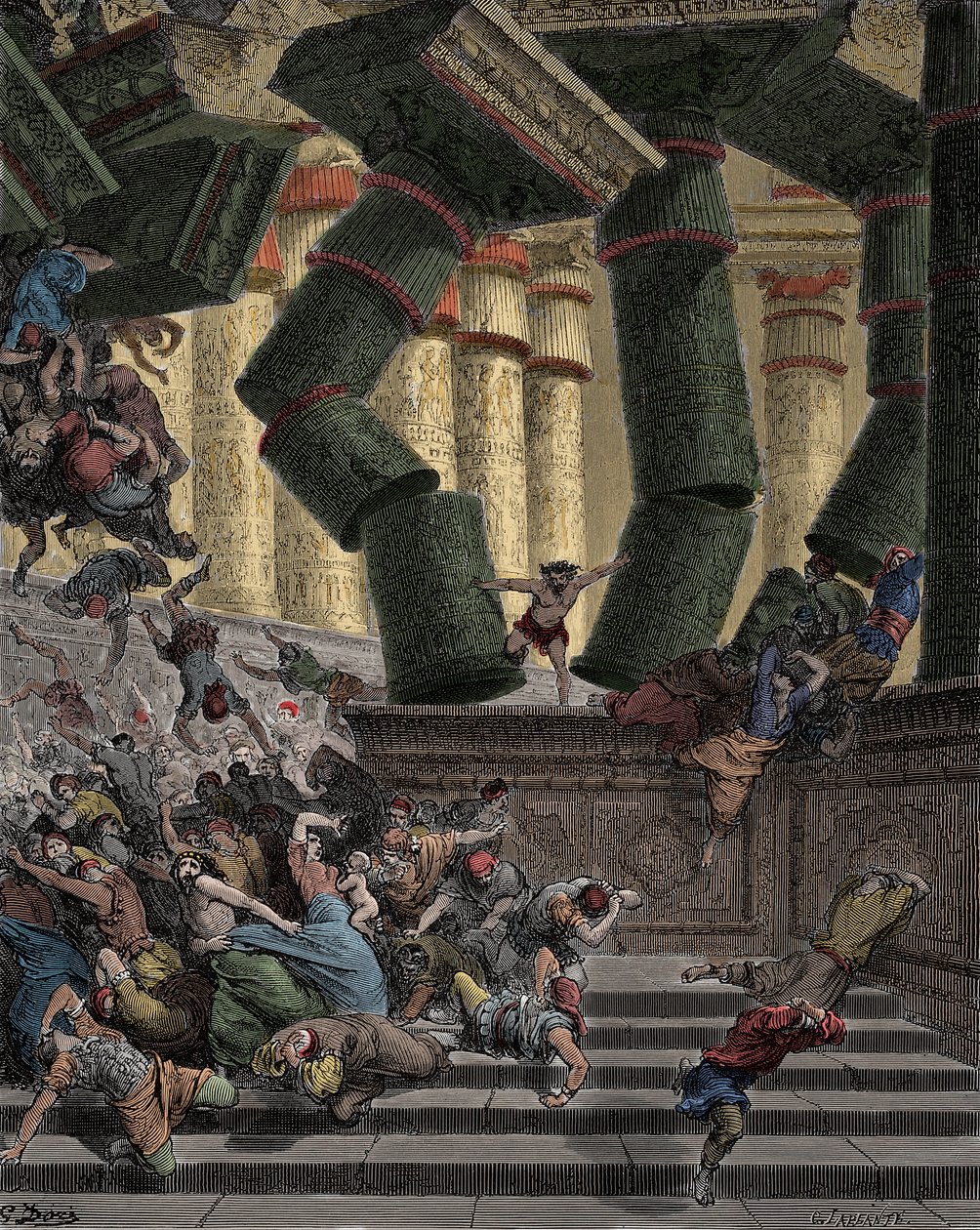 Simson brengt de Tempel van Dagon naar beneden Gravure door Gustave Dore (1832-1883) door Gustave Dore