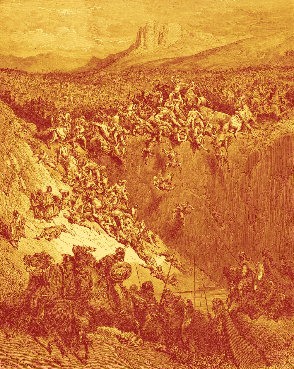 Simson doodt Filistijnen met een ezelskaak, door Doré - Bijbel door Gustave Dore