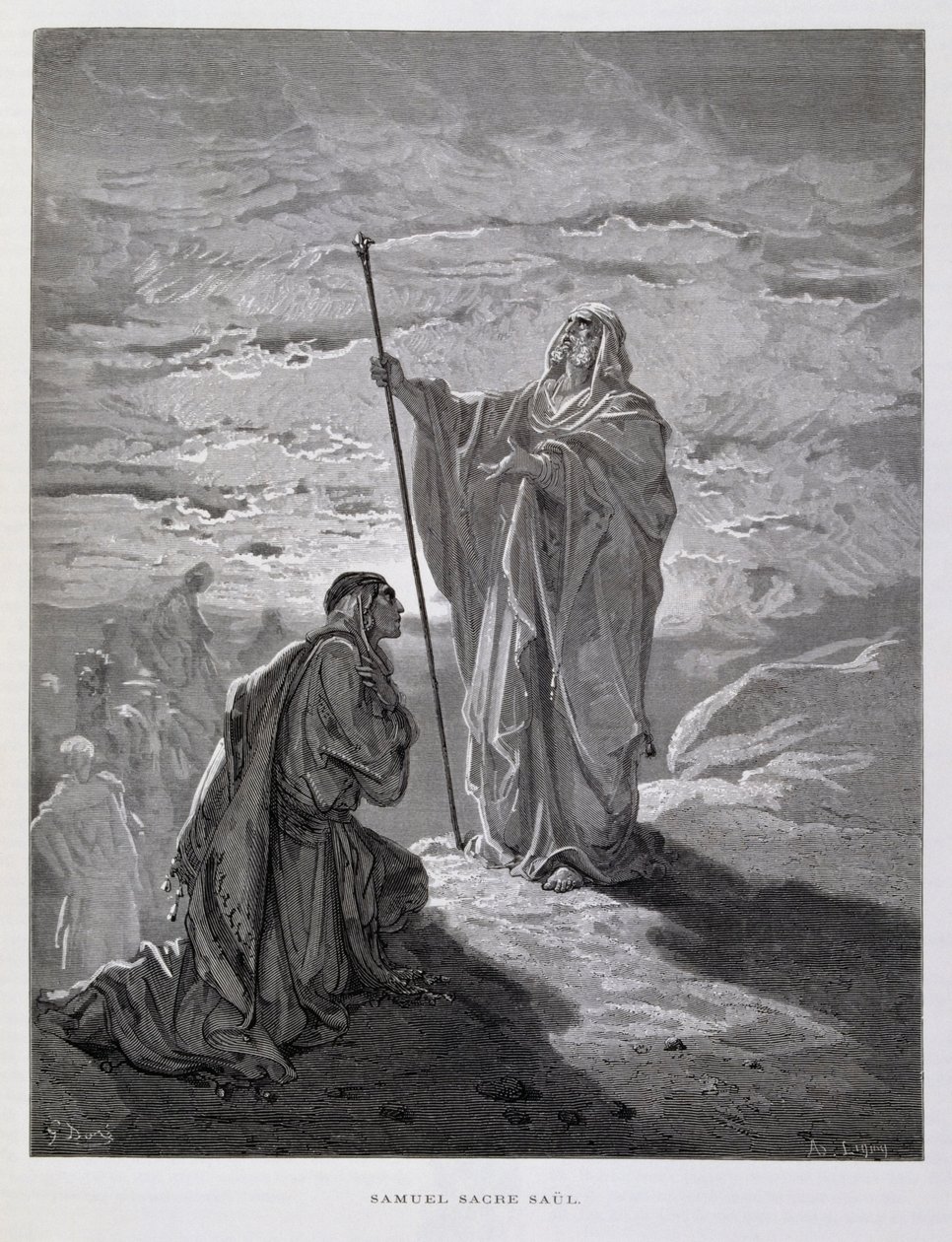 Samuel zalft Saul als eerste koning van Israël, Illustratie uit de Dore Bijbel door Gustave Dore