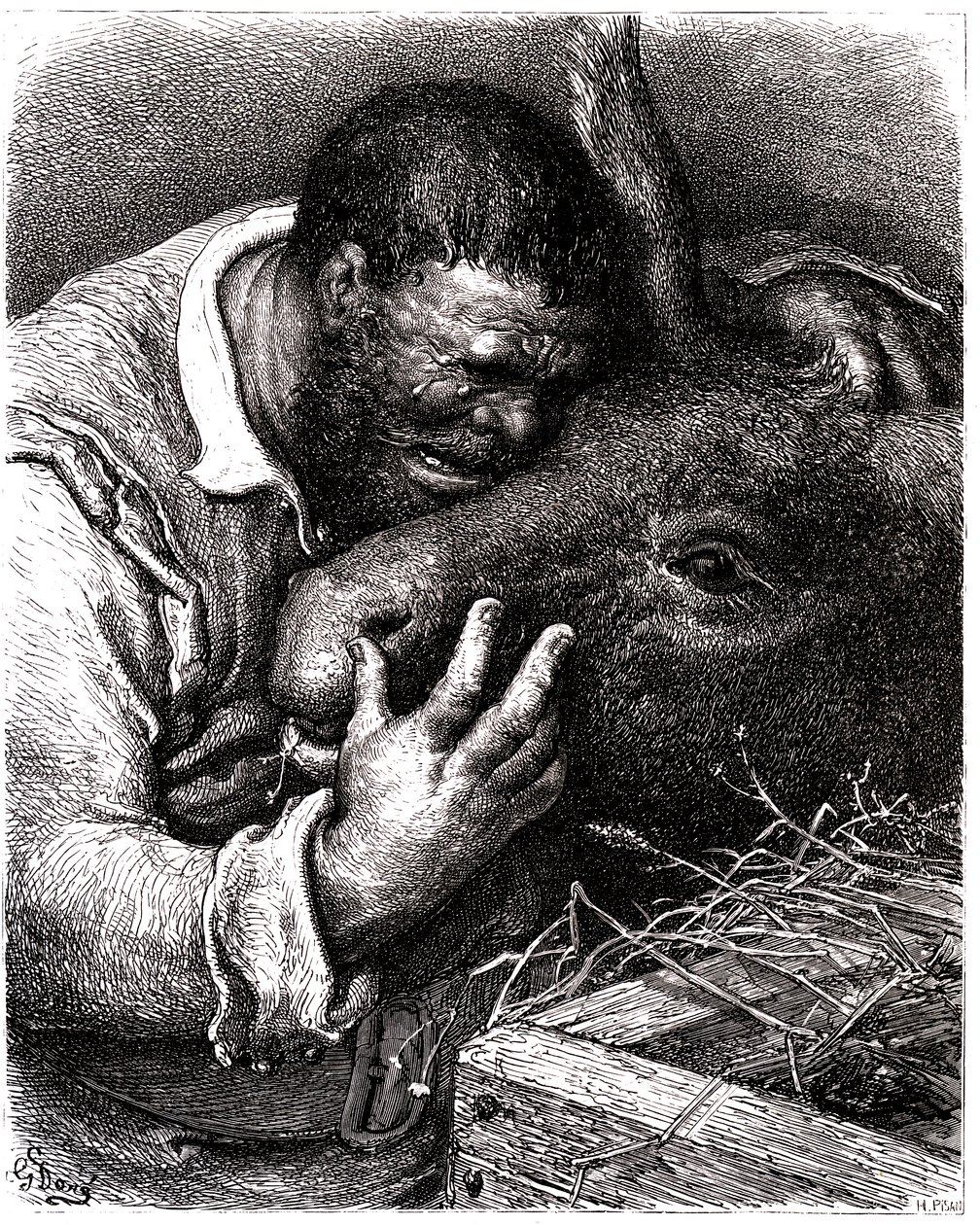 Sancho Panza huilt terwijl hij zijn ezel kust door Gustave Dore