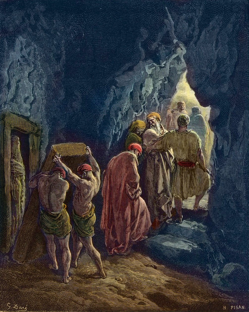 De dood van Sara is 127 jaar oud - De begrafenis van Abrahams vrouw, Sara - gravure door Gustave Doré - latere inkleuring door Gustave Dore