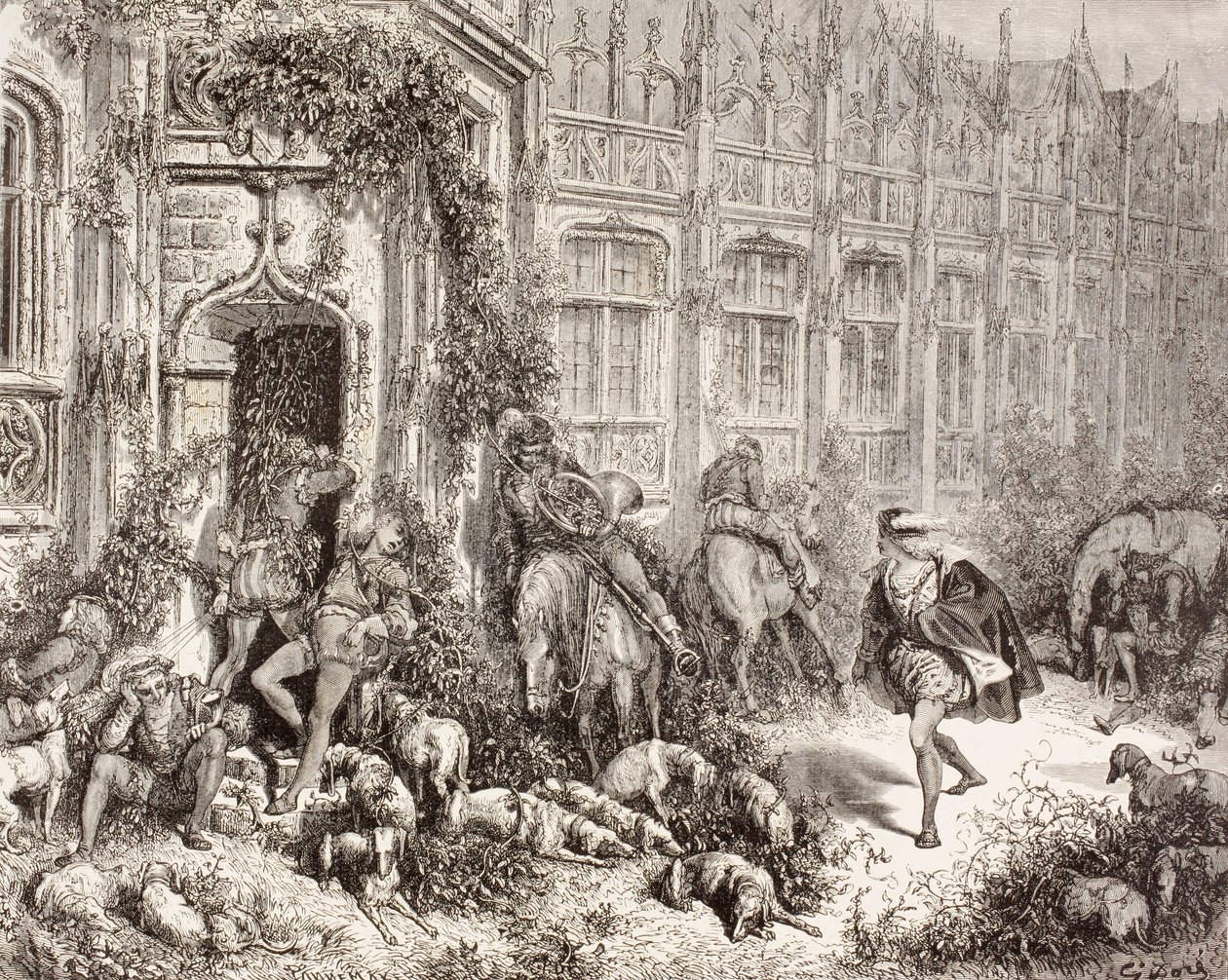 Scène uit Doornroosje door Charles Perrault. Uit El Mundo Ilustrado, gepubliceerd in Barcelona, circa 1880. door Gustave Dore