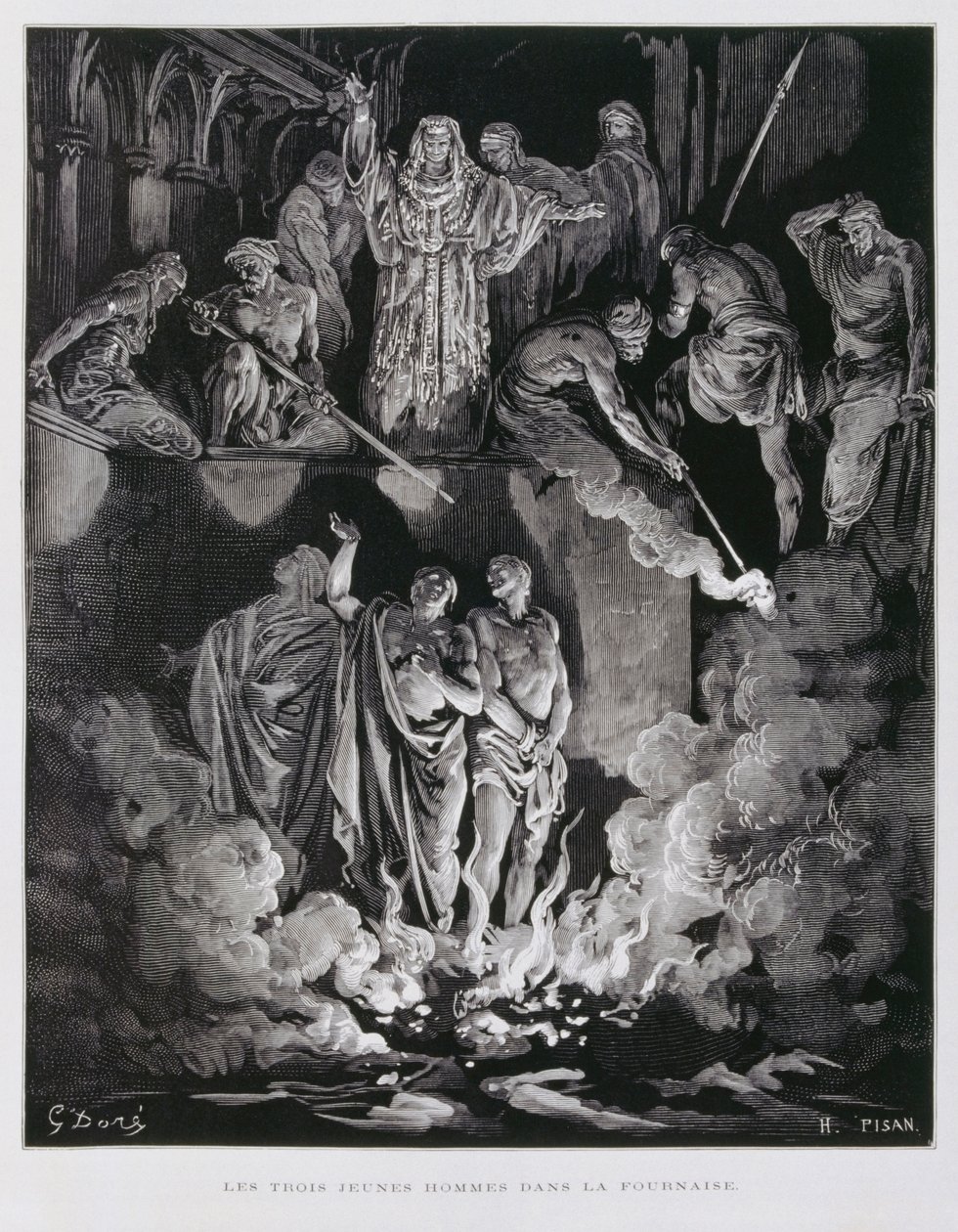 Sadrach, Mesach en Abednego in de vurige oven, Illustratie uit de Dore Bijbel door Gustave Dore