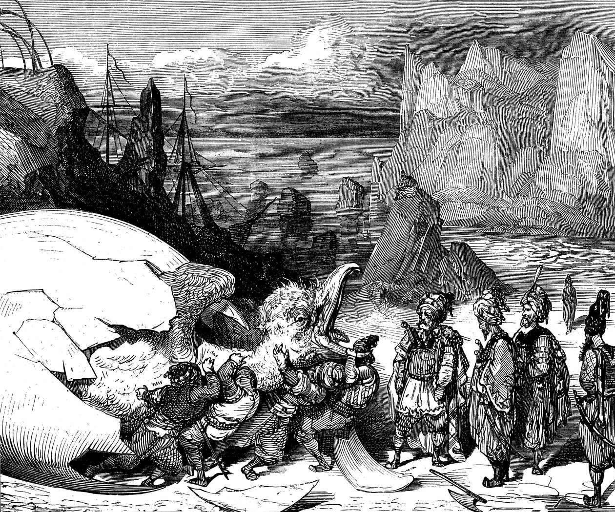 Sindbad de zeeman - verhaal van duizend-en-een-nacht - illustratie door Gustave Dore (detail) - Maxwell editie 1865 - Vijfde reis: de kooplieden die Sindbad vergezellen breken de schaal van een gigantisch ei van de vogelreus Roc om een door Gustave Dore