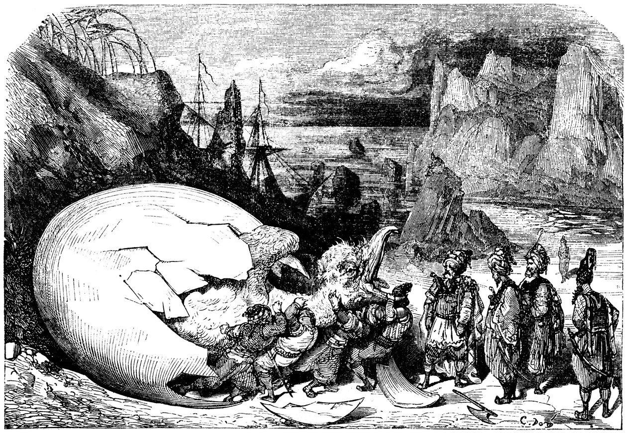 Sindbad de zeeman - verhaal van duizend-en-één-nachten - illustratie door Gustave Doré - Maxwell editie 1865 - Vijfde reis: de kooplieden die Sindbad vergezellen breken de schaal van een gigantisch ei van de vogelreus Roc om een enorme baby te extraheren door Gustave Dore