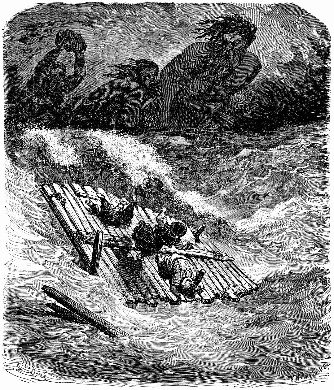 Sindbad de zeeman - verhaal van de duizend-en-een (1001) nachten - illustratie door Gustave Dore - editie Maxwell 1865 - Derde reis: Sindbad en zijn metgezellen die aan boord van een vlot de zee op zijn gegaan worden achtervolgd door reuzen die enorme sten door Gustave Dore