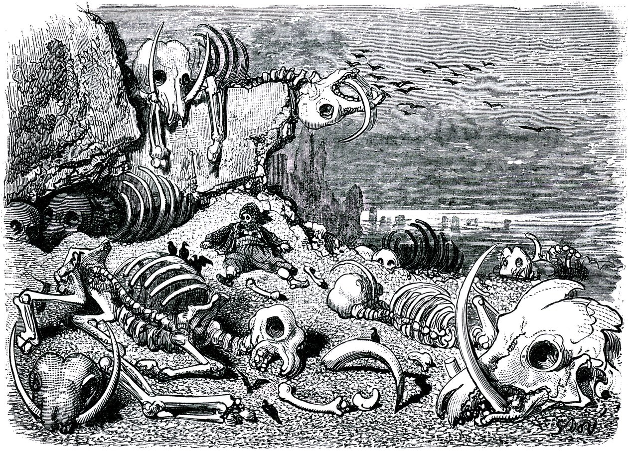 Sindbad de zeeman (Sinbad) - verhaal van de duizend en één (1001) nachten - illustratie door Gustave Dore - editie Maxwell 1865 - Zevende en laatste reis: de begraafplaats van de olifanten waar Sindbad de ivoren slagtanden zal terugvinden door Gustave Dore