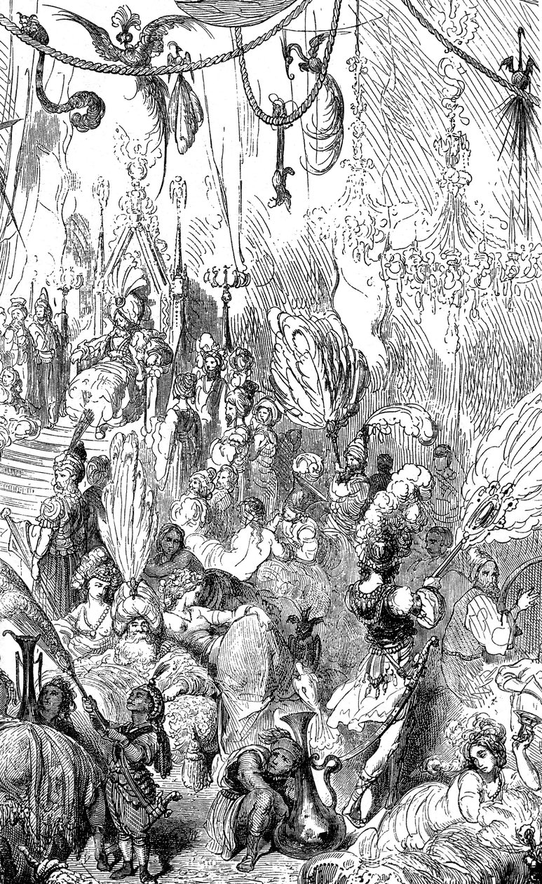 Sindbad de zeeman - verhaal van de duizend-en-een-nacht - illustratie door Gustave Doré - Maxwell editie 1865 - Zesde reis - deze gravure kan het hof van de koning van Serendib of dat van de kalief Haroun al-Rashid voorstellen door Gustave Dore