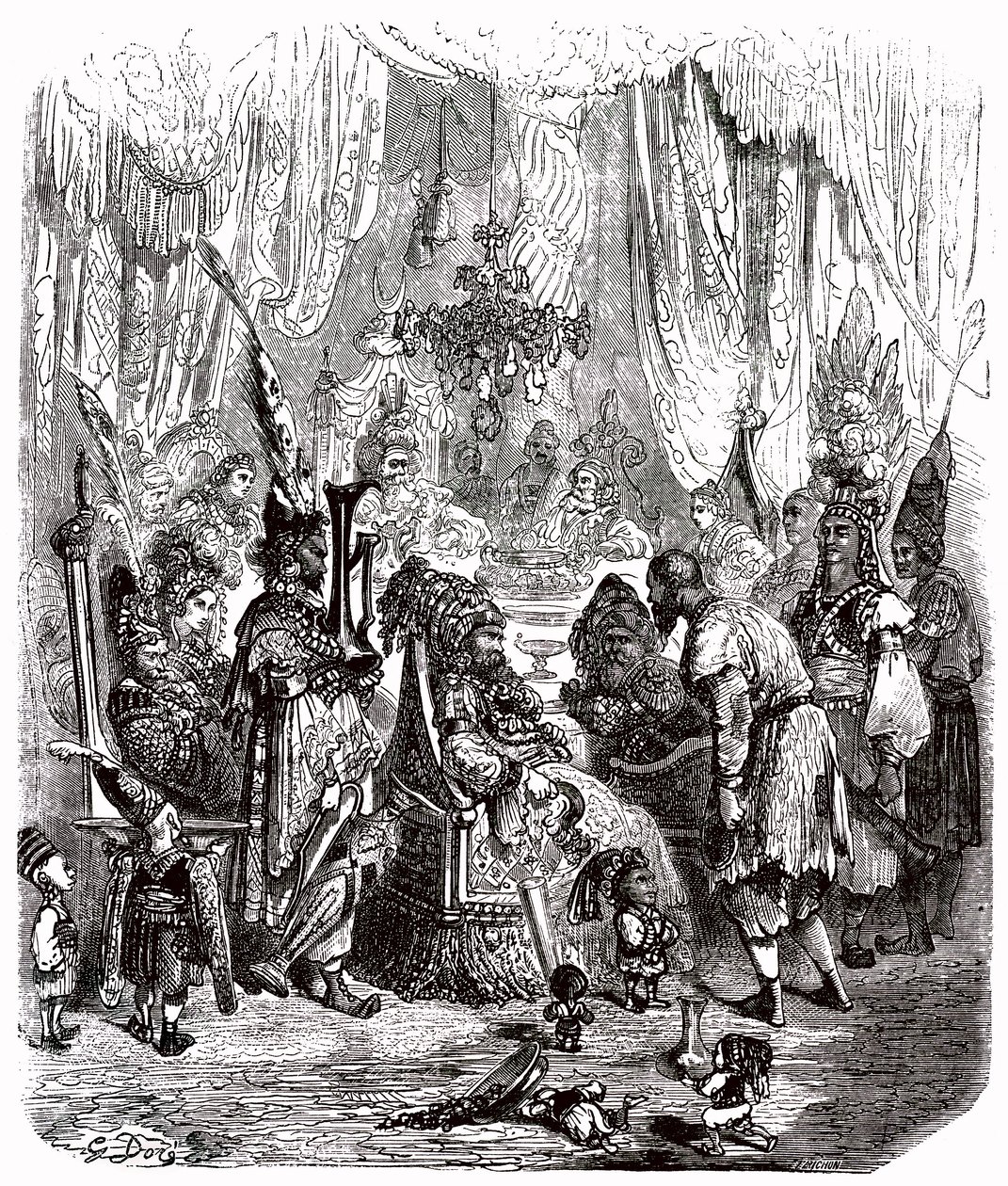 Sindbad de zeeman - verhaal van de duizend-en-een-nacht - illustratie door Gustave Doré - Maxwell editie 1865 - Proloog: een arme drager (Hinbad) presenteert zich voor Sindbad, die oud en rijk is geworden. Deze laatste zal zijn avonturen vertellen door Gustave Dore