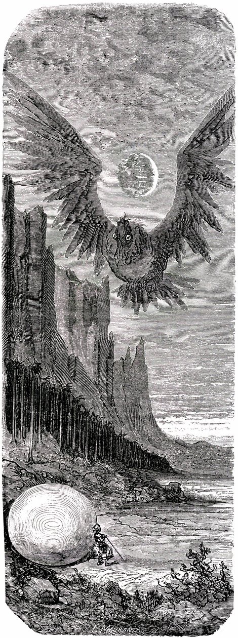 Sindbad de zeeman - verhaal van de duizend-en-een-nachten - illustratie door Gustave Doré - editie Maxwell 1865 - Tweede reis: Sindbad ontdekt een enorm ei van de gigantische vogel Roc en wordt aangevallen door deze gigantische vogel. door Gustave Dore