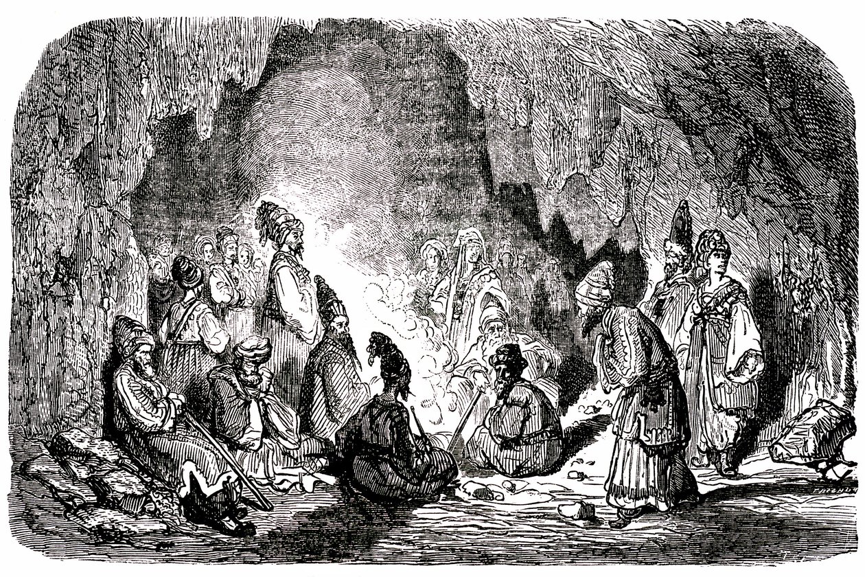 Sindbad de zeeman - verhaal van de duizend-en-een-nachten - illustratie door Gustave Doré - Maxwell editie 1865 - Eerste reis: Sindbad, verlaten in het midden van de zee door zijn metgezellen, bereikt een eiland en ontmoet in een grot de palefrenie. door Gustave Dore