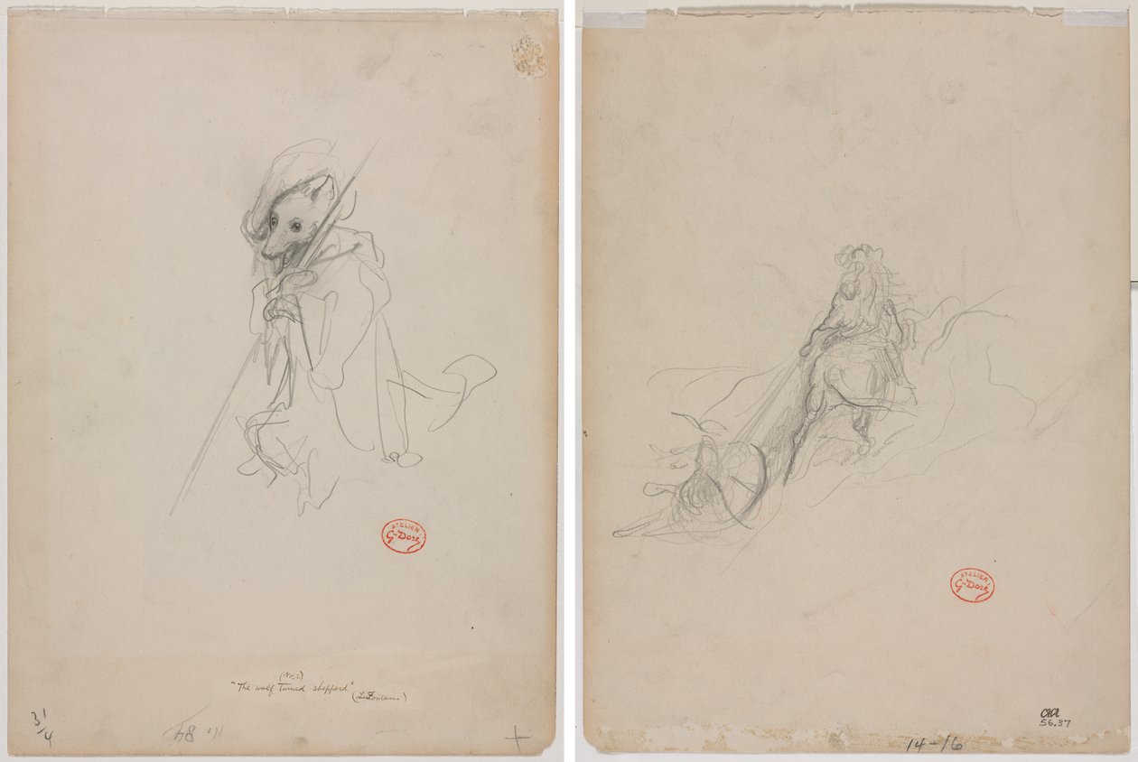 Schets voor "De Wolf Werd Herder" (recto) Schets van Jachtscene (verso) door Gustave Dore