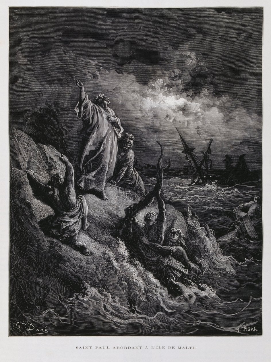 St. Paulus landt op Malta, Illustratie uit de Dore Bijbel door Gustave Dore