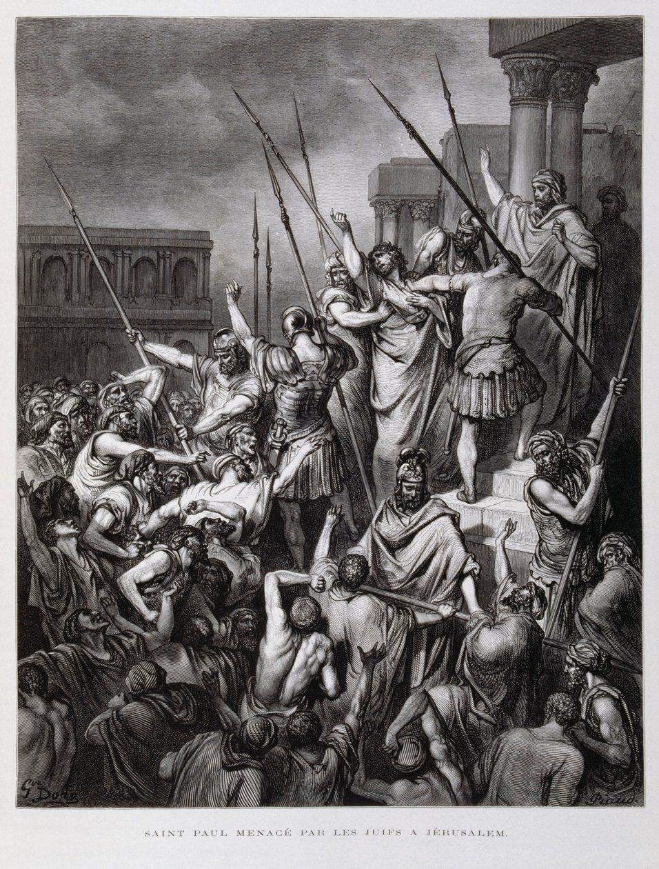 St. Paulus aangevallen door de Joden van Jeruzalem, Illustratie uit de Dore Bijbel door Gustave Dore