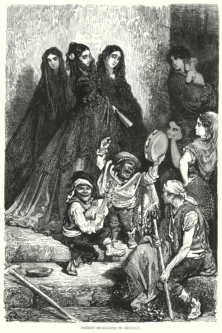 Straatmuzikanten in Sevilla (gravure) door Gustave Dore