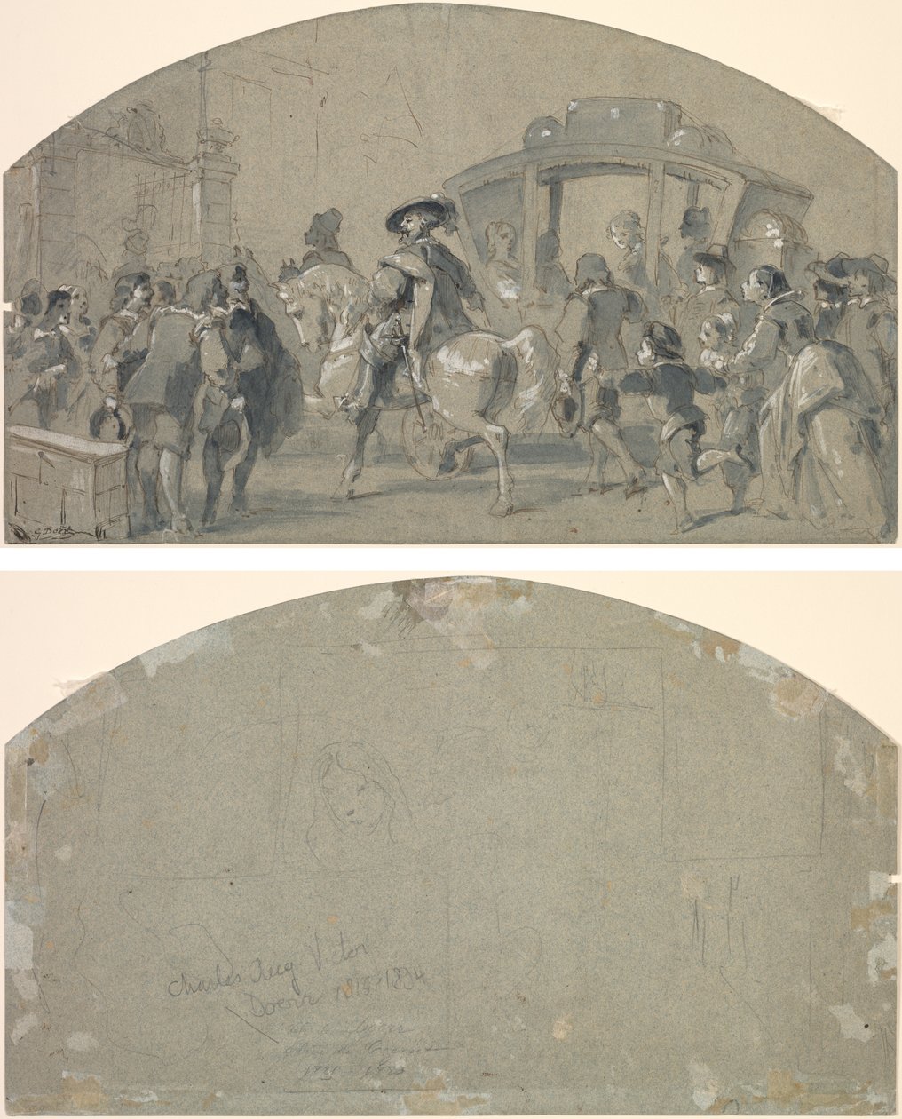 Straatscène (recto); schetsen (verso) door Gustave Dore