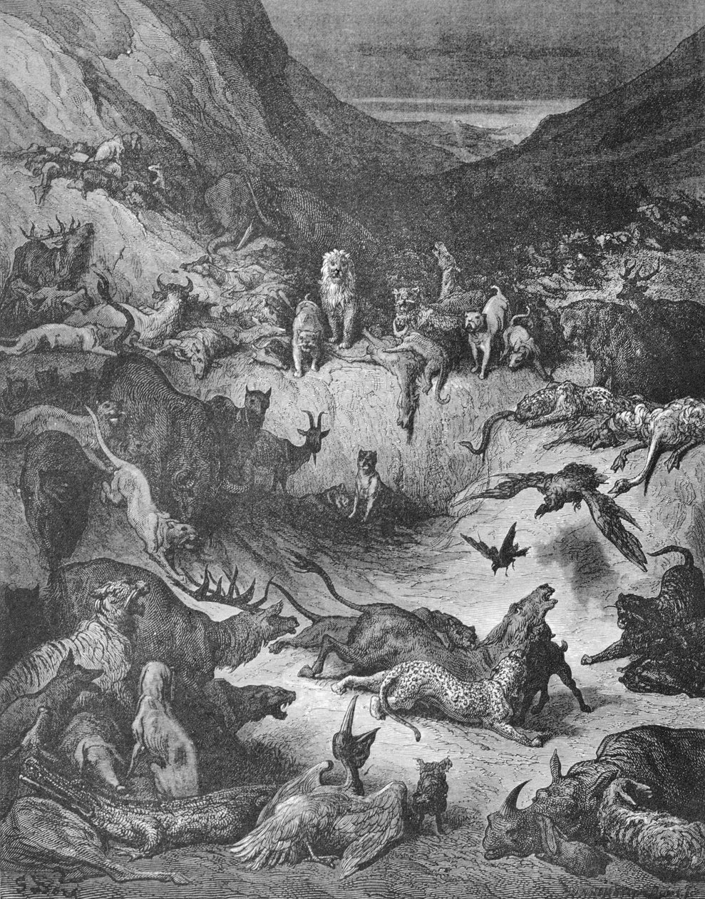 De Dieren Ziek geworden door de Pest, illustratie voor de Fabels van La Fontaine door Gustave Dore