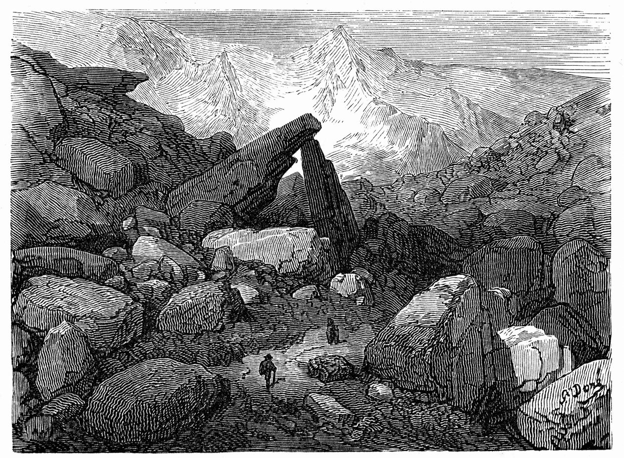 Het Chaospad, leidend naar de Cirque de Gavarnie: gravure door Gustave Dore ter illustratie van het boek "Reis naar de Pyreneeën van Hippolyte Taine", Hachette 1860 door Gustave Dore