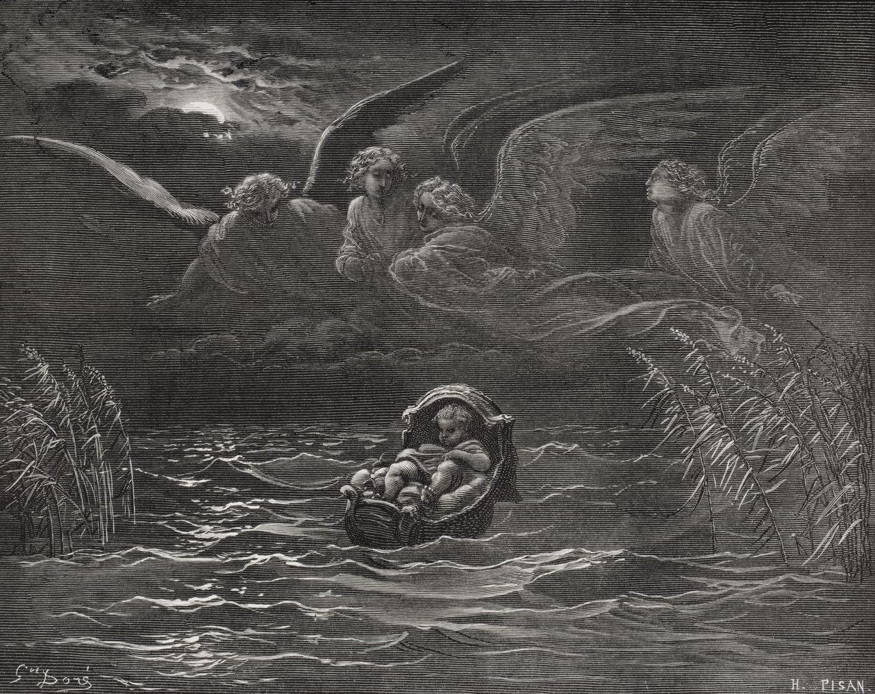 Het Kind Mozes op de Nijl, Exodus 2:1-4, illustratie uit Dore